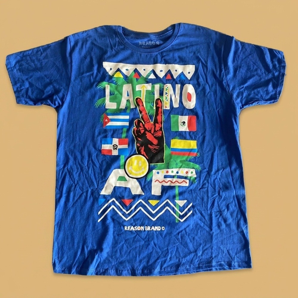 Reason Brand Latino AF T-Shirt Mens XL Blue Graphic Peace Sign Flags Streetwear